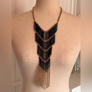 Bold Boho Statement Jewelry – Black & Gold Pyramid Necklace